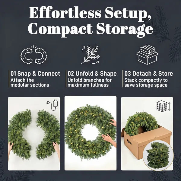 Aeelleea 48 Inch Prelit Crestwood Spruce Christmas Wreath, Artificial Wreath with Bow, 8 Modes LED Lights