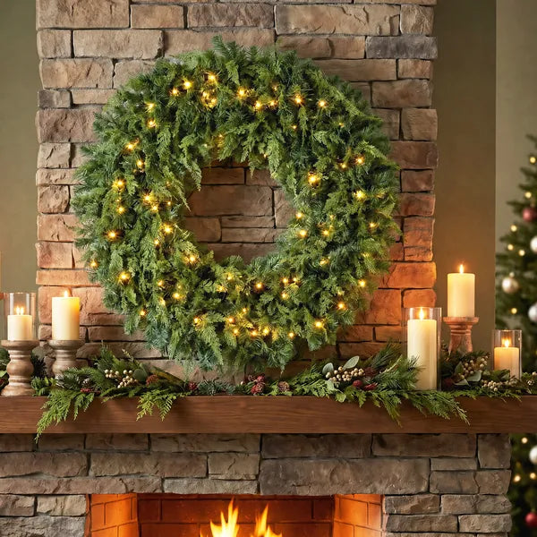 Aeelleea 48 Inch Prelit Crestwood Spruce Christmas Wreath, Artificial Wreath with Bow, 8 Modes LED Lights