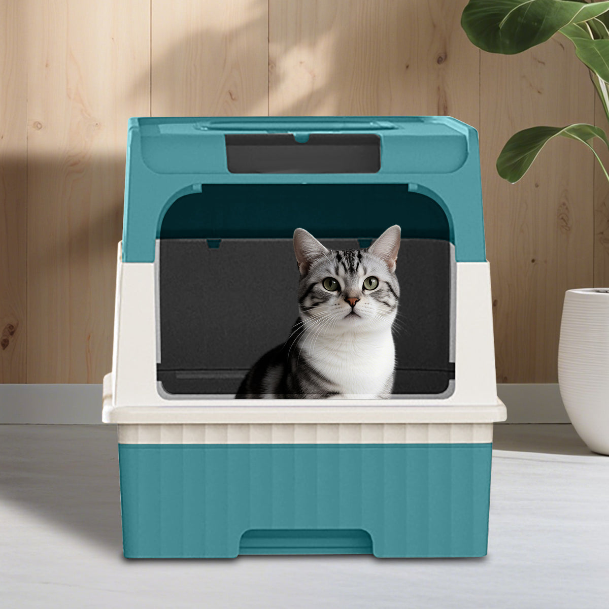 Enclosed Cat Litter Box with Lid, Anti-Tracking Fence, Drawer Tray & Scoop, Odor Control, Large, for Indoor Cats -Blue and White