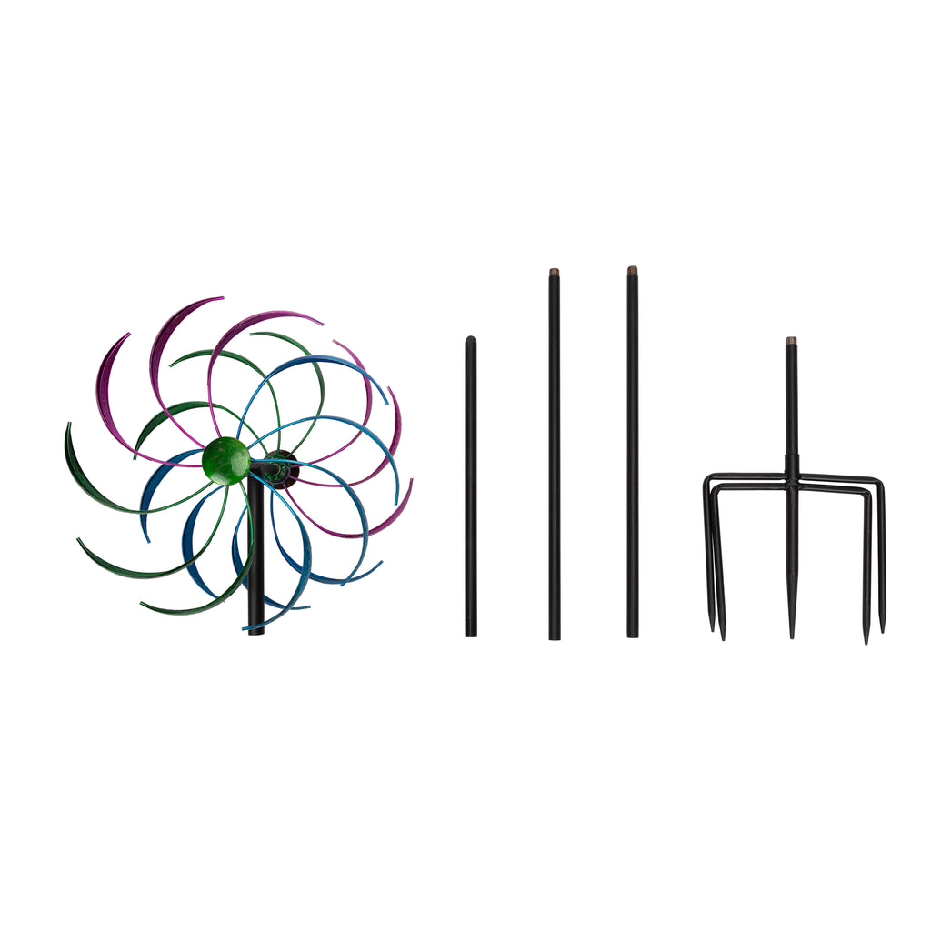 Double Wheel Rainbow Windmill Green Purple Blue, Outdoor Garden Yard Decor Pinwheel Kids Toy with Ground Stake