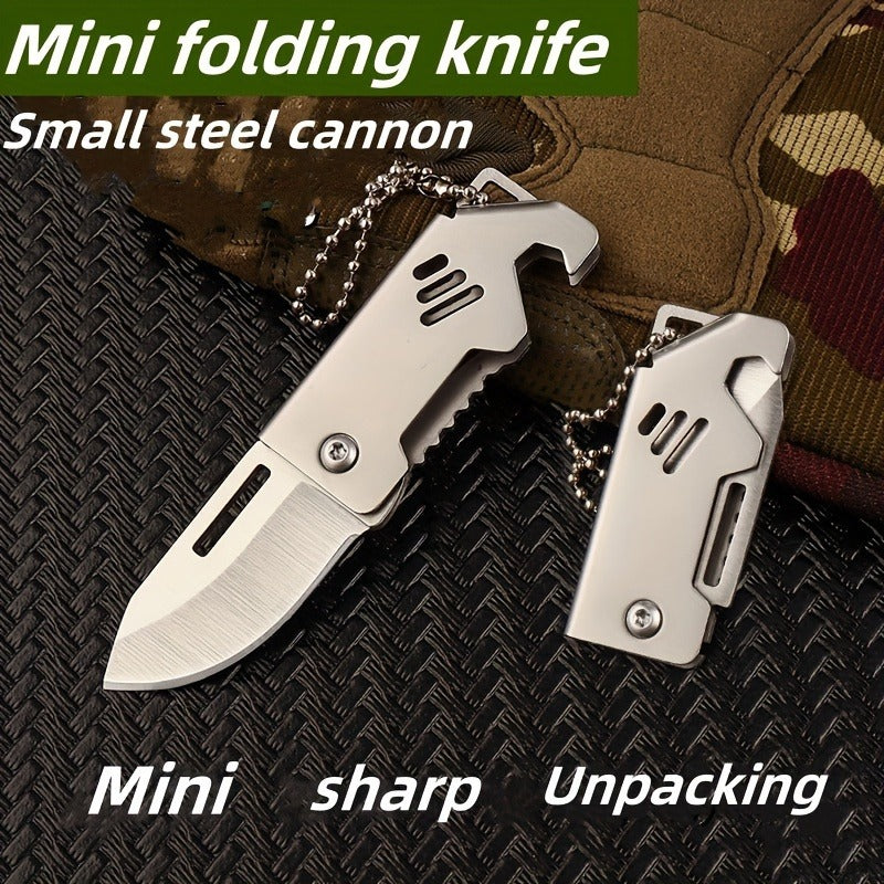 Multifunctional Stainless Steel Keychain Folding Utility Knife, Mini EDC Pocket Cutter with Bottle Opener, Portable Box & Rope Cutting Tool