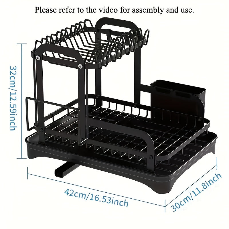 Large Dish Drying Rack - Stainless Steel Metal Dish Drying Rack for Kitchen Counter and Sink,2 Tier Dish Drainer with Drainboard,Black Kitchen Storage Rack with Cups Holder and Utensil Holder