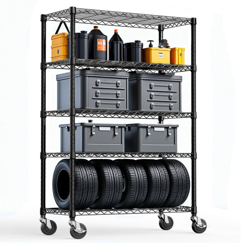 AEELLEEA 5-Tier Heavy-Duty Wire Shelving Unit with Locking Wheels, Black, 47.2" W x 17.7" D x 75.6" H