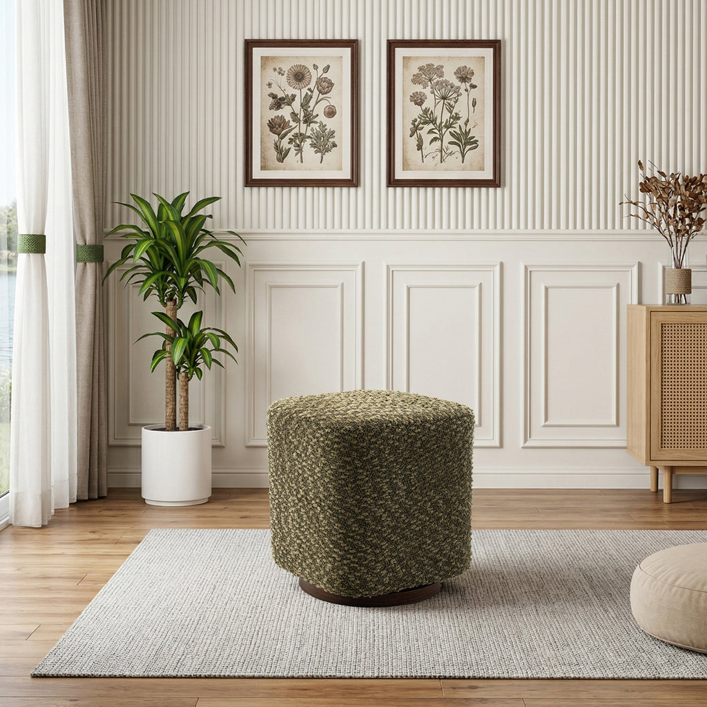AEELLEEA 16.53" Swivel Ottoman Stool, Green Boucle Textured Round Cube Footrest, 300 Lbs Capacity for Living Room Entryway