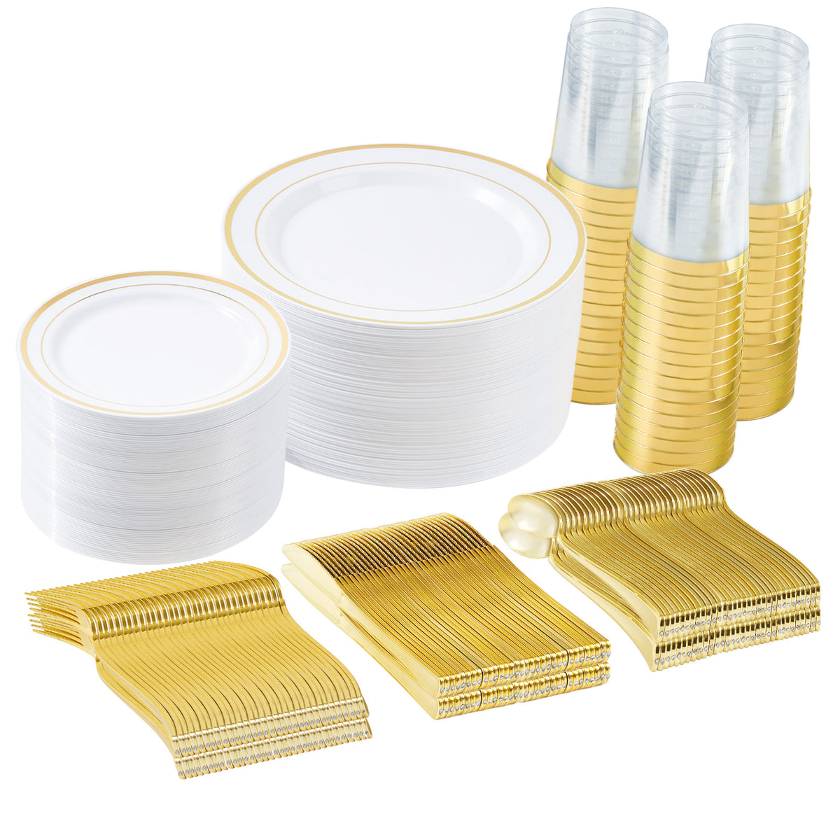 350Pcs Gold Disposable Dinnerware Set for 50 Guests, White Plastic Plates with Gold Rim, Cups, Gold Cutlery, Heavy‑Duty Party Supplies for Wedding Birthday Banquet