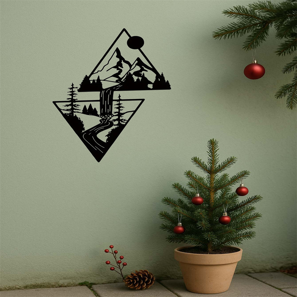 AEELLEEA Mountain Waterfall Nature Wall Decal, Self Adhesive Removable Forest Tree Sun Landscape Vinyl Wall Sticker for Bedroom Living Room Office Decor