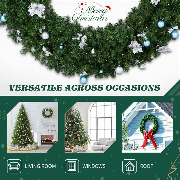 Aeelleea Pre-lit Christmas Wreath, Artificial Pine Wreath with Remote Control, Light Blue White Baubles & White Poinsettia, Front Door Holiday Wreath