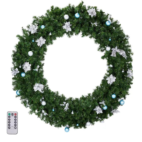 Aeelleea Pre-lit Christmas Wreath, Artificial Pine Wreath with Remote Control, Light Blue White Baubles & White Poinsettia, Front Door Holiday Wreath