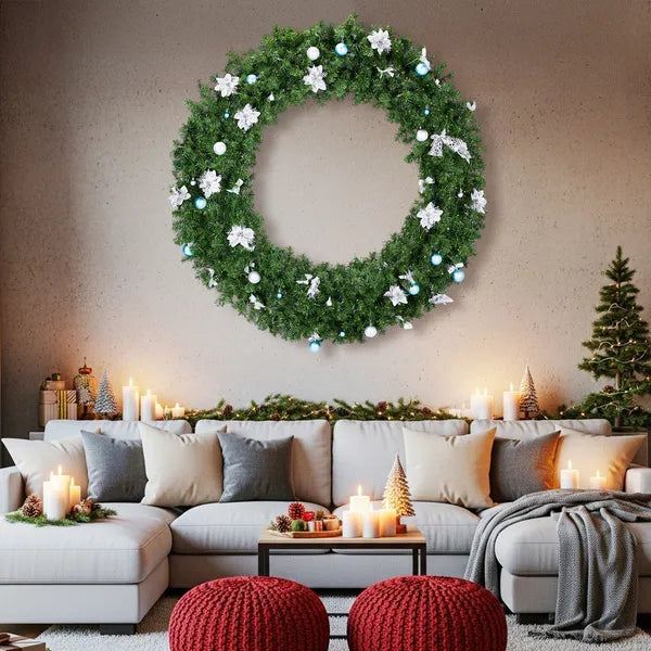 Aeelleea Pre-lit Christmas Wreath, Artificial Pine Wreath with Remote Control, Light Blue White Baubles & White Poinsettia, Front Door Holiday Wreath