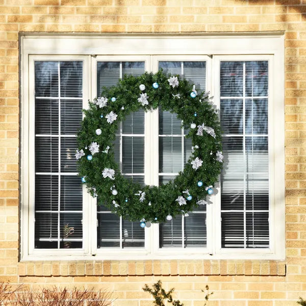 Aeelleea Pre-lit Christmas Wreath, Artificial Pine Wreath with Remote Control, Light Blue White Baubles & White Poinsettia, Front Door Holiday Wreath