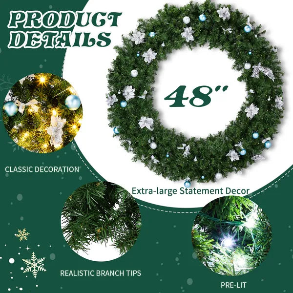 Aeelleea Pre-lit Christmas Wreath, Artificial Pine Wreath with Remote Control, Light Blue White Baubles & White Poinsettia, Front Door Holiday Wreath