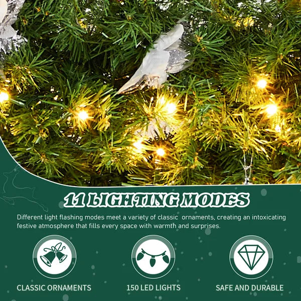 Aeelleea Pre-lit Christmas Wreath, Artificial Pine Wreath with Remote Control, Light Blue White Baubles & White Poinsettia, Front Door Holiday Wreath