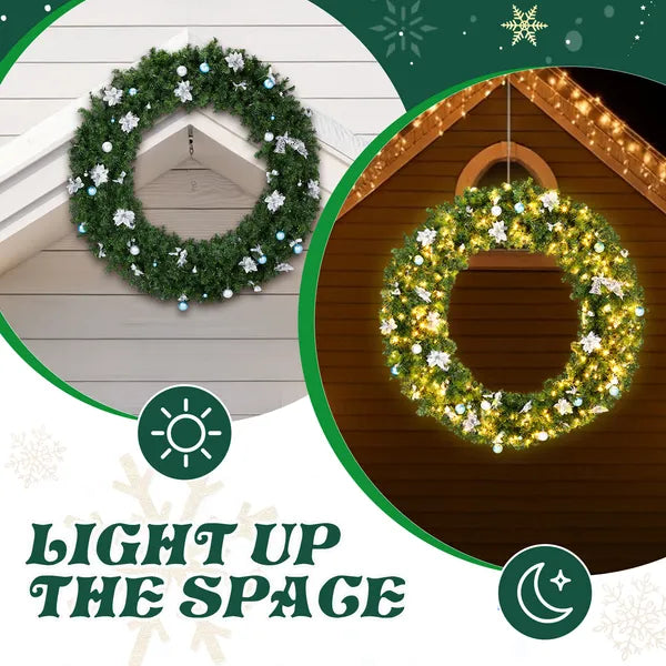 Aeelleea Pre-lit Christmas Wreath, Artificial Pine Wreath with Remote Control, Light Blue White Baubles & White Poinsettia, Front Door Holiday Wreath