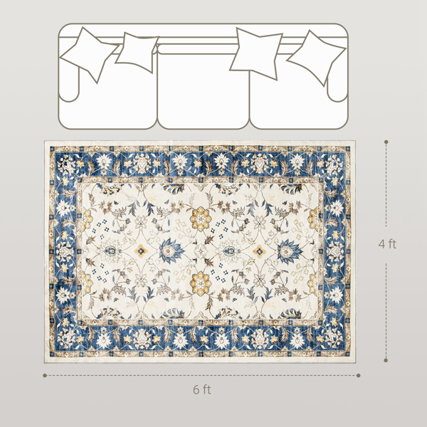 AEELLEEA Vintage Floral Area Rug, Blue and Ivory, Low-Profile Non-Slip Rug, 6 x 4 ft