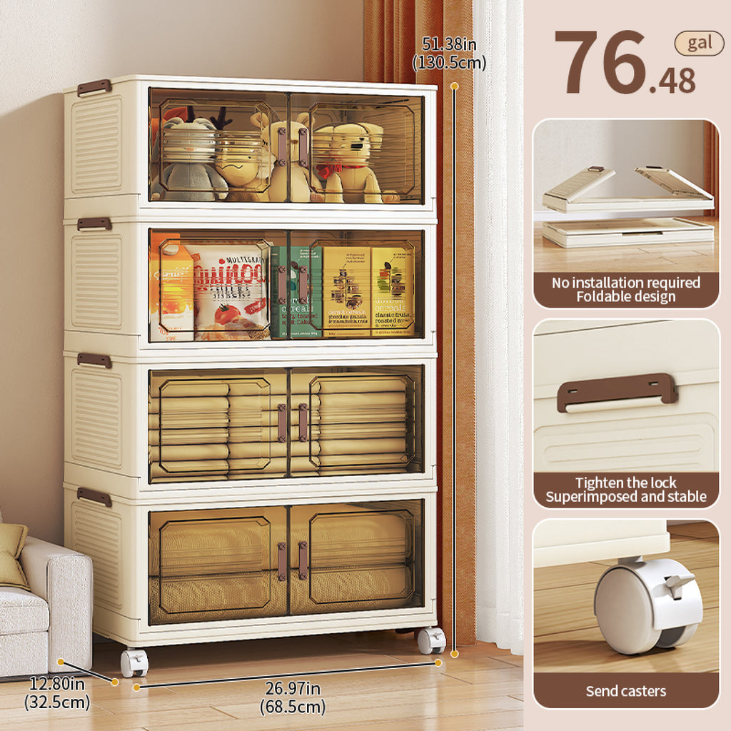 AEELLEEA Stackable Foldable Lidded Storage Bins with Doors & Wheels - Foldable Storage Cabinet for Home, Dorm & Office