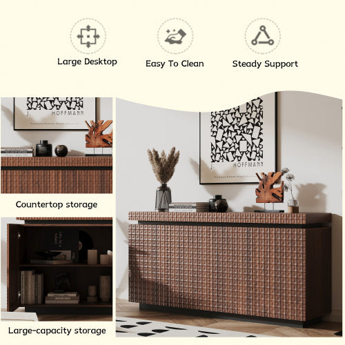 AEELLEEA Modern Walnut Brown Sideboard Buffet Cabinet with 4 Doors, 3D Geometric Textured Storage Cabinet for Dining Room