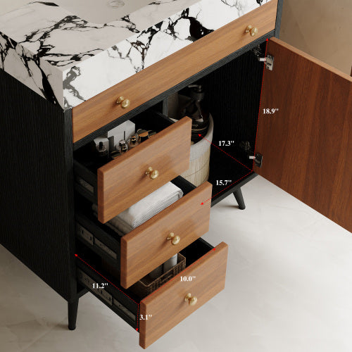Bathroom Vanity with Sink, Black and Walnut Freestanding Bathroom Cabinet with 4 Drawers, Marble Top Modern Vanity