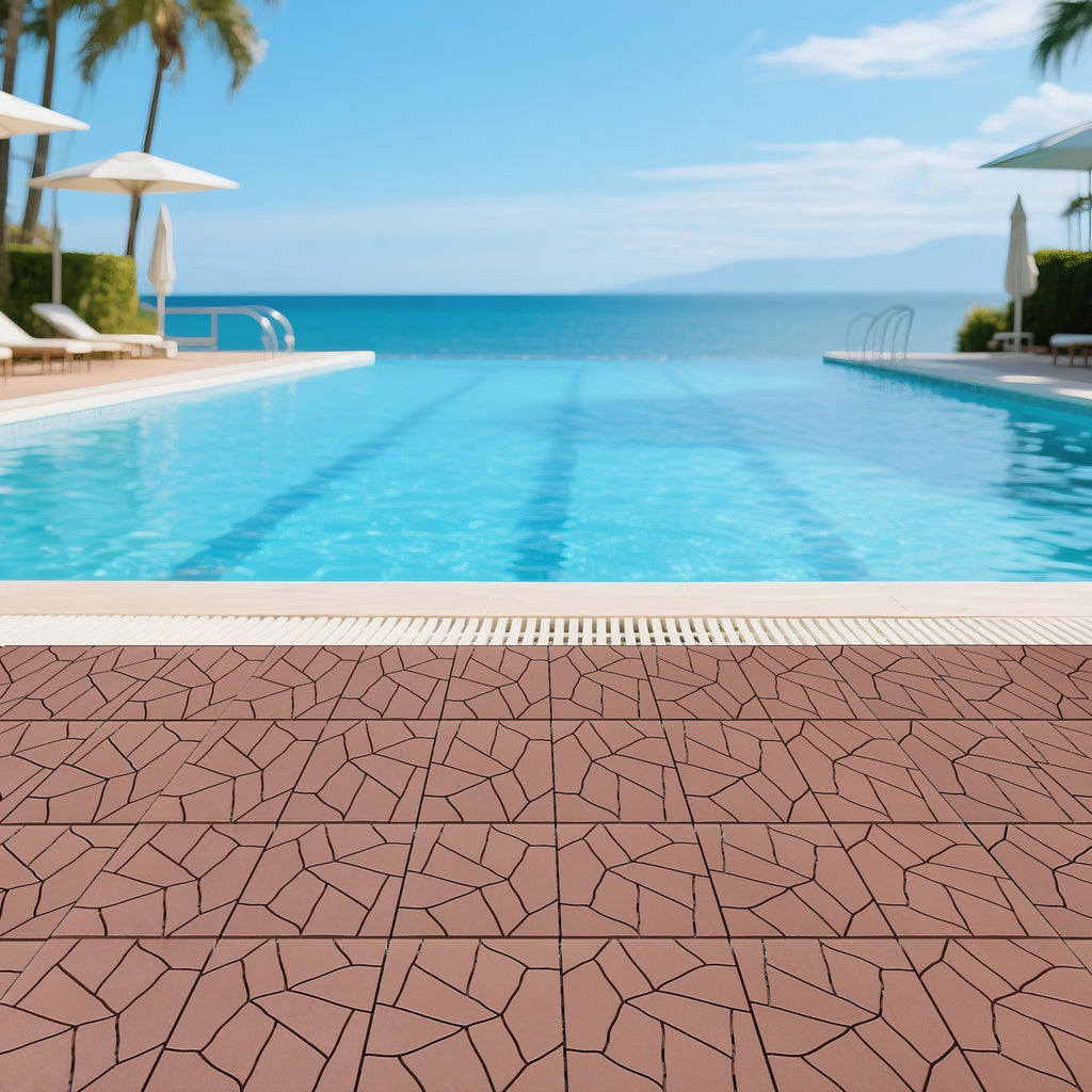 AEELLEEA Stone Look 12 Inch Interlocking Patio Deck Tiles, 44 Pcs Brown PP Outdoor Floor Tiles for Poolside Balcony Backyard