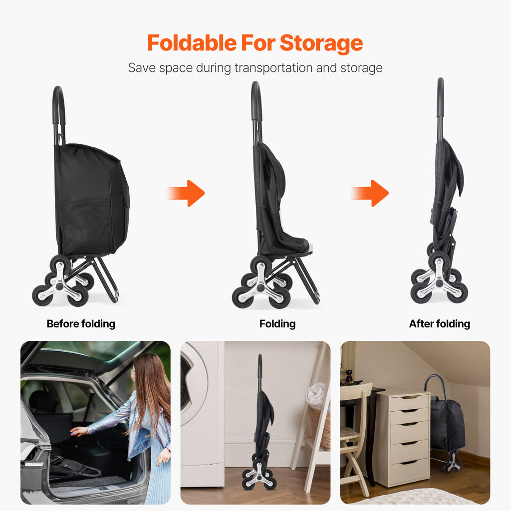 Foldable Stair Climbing Shopping Cart, 36L Utility Cart with 6 Wheels & Storage Bag, Heavy Duty Grocery Cart