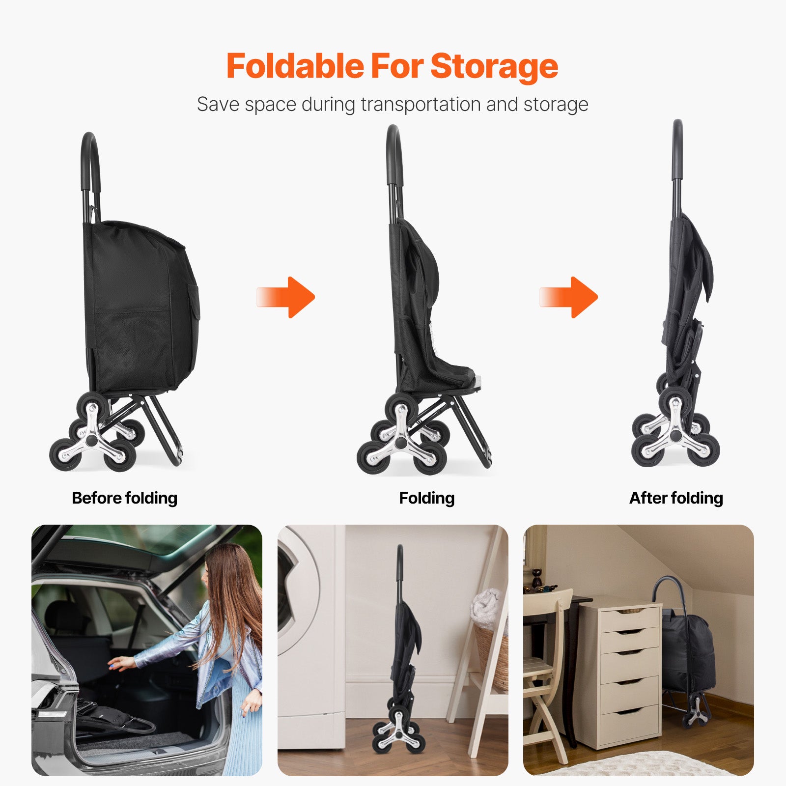 Foldable Stair Climbing Shopping Cart, 36L Utility Cart with 6 Wheels & Storage Bag, Heavy Duty Grocery Cart