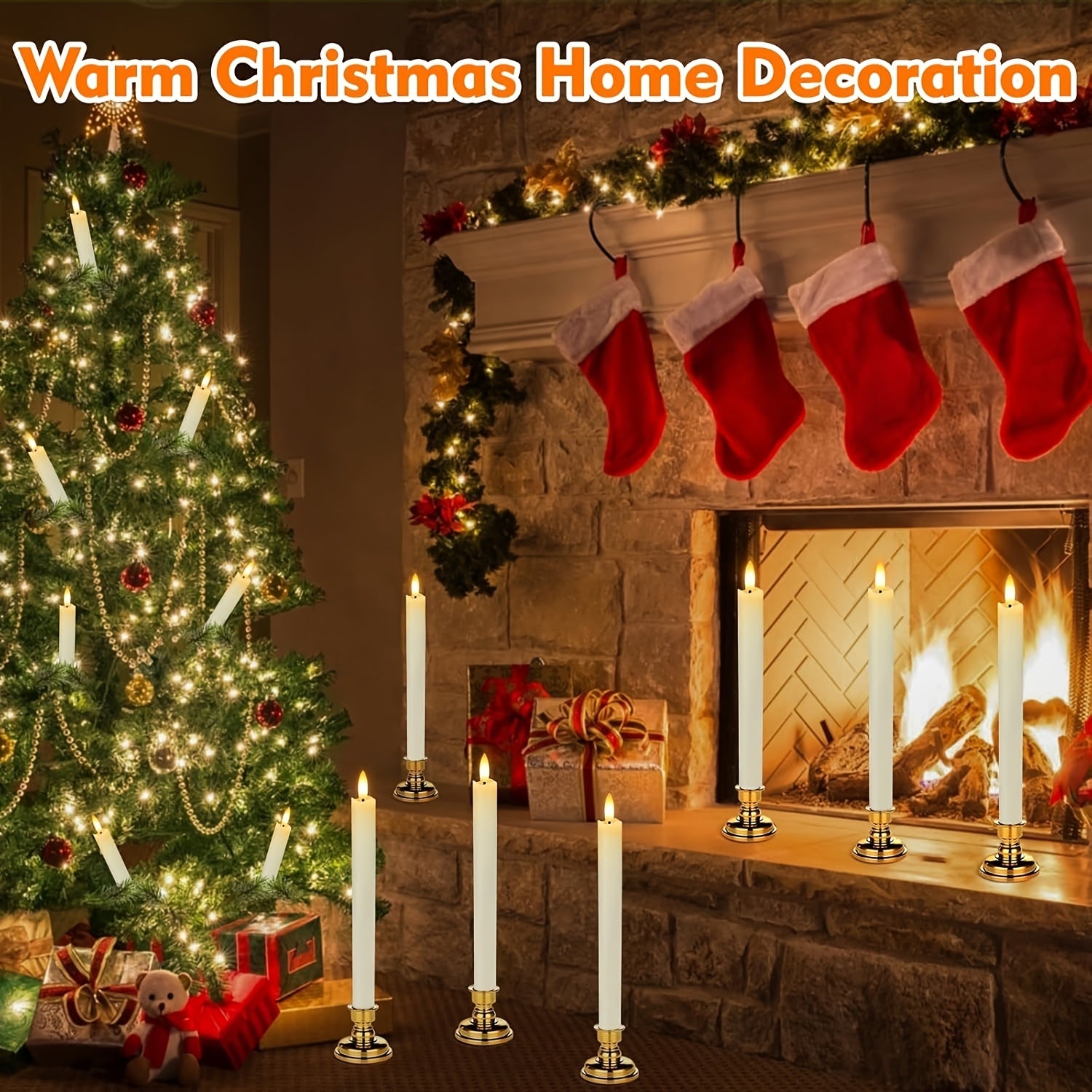 Flameless Red Taper Candles Flickering with 10-Key Remote, LED Warm 3D Wick Light Window Candles Real Wax Pack of 6, Christmas Home Wedding Decor