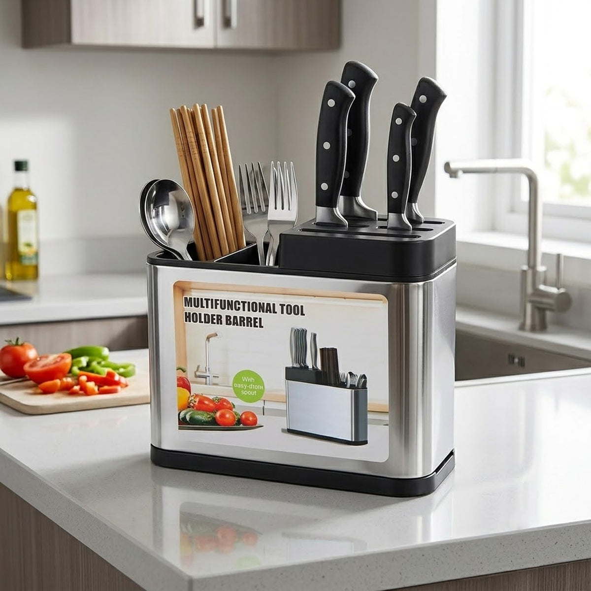 Multifunctional Kitchen Utensil Holder, Stainless Steel Countertop Knife & Cutlery Storage Organizer with Drain Holes for Kitchen Counter