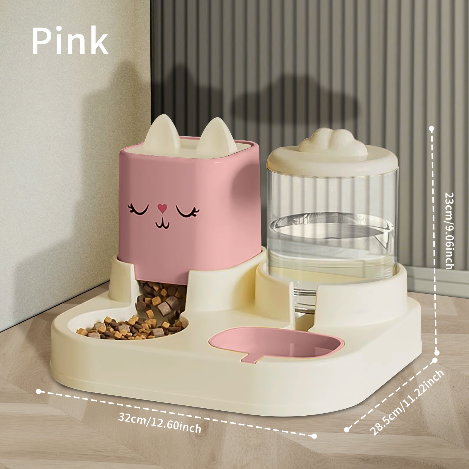 Cat-Themed Automatic Pet Feeder and Water Dispenser Set, Food Bowl with Storage Container, 12.59 x 11.22 inch Base