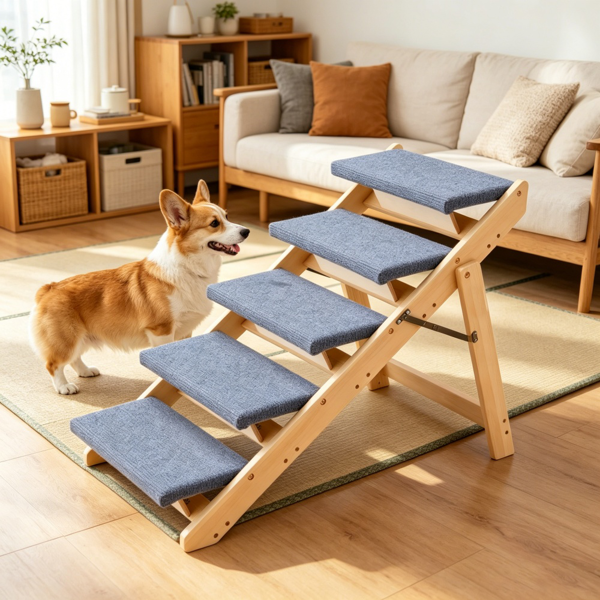 AEELLEEA 5-Step Wooden Pet Stairs for Dogs and Cats, Padded Carpet Steps for Sofa and Bed, 30.7" x 18.5" x 26"