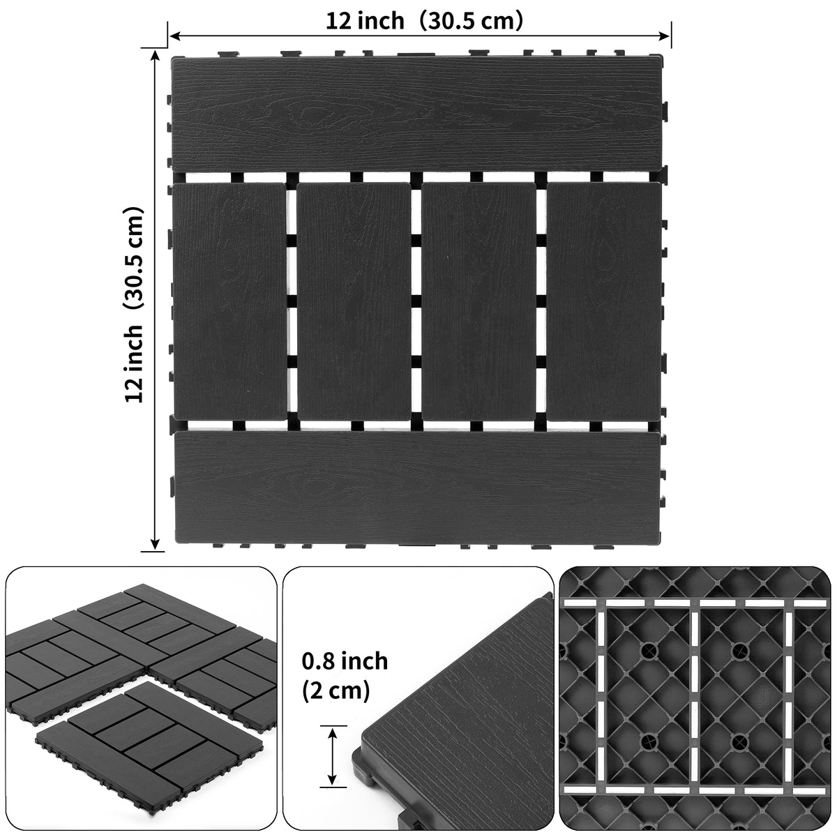 AEELLEEA 44 Pack Interlocking Plastic Deck Tiles, 12"×12" PP Patio Floor Tiles, Non-Slip Drainable Outdoor Flooring for Balcony, Poolside, Backyard