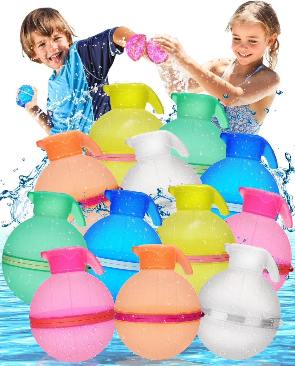 12 Pack Reusable Water Balloons, Quick Fill Silicone Water Bombs, Safe Eco‑Friendly Summer Water Toy for Kids, for Pool Beach Backyard Outdoor Water Fight Games