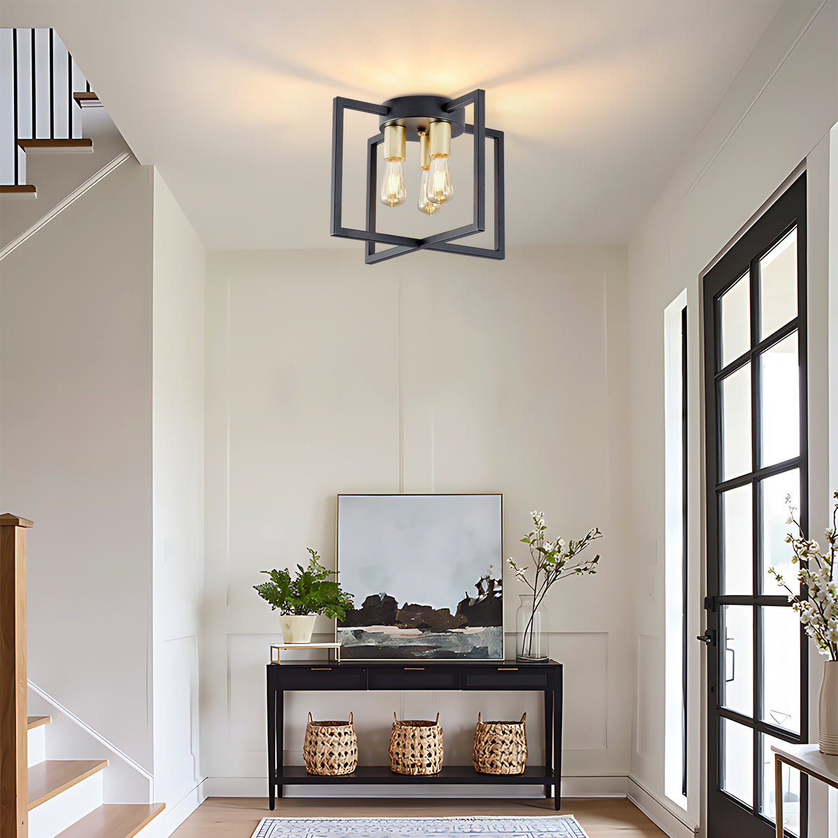3-Light Semi Flush Mount Ceiling Light, Industrial Black Metal Geometric Square Frame with Gold Socket, Farmhouse Ceiling Lamp for Bedroom Living Room Hallway Entryway Home Decor