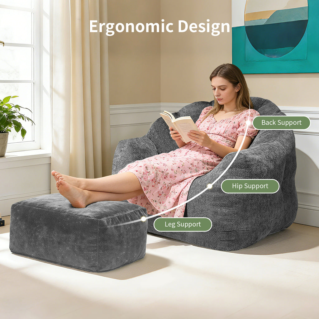 AEELLEEA Dark Grey Sparkling Plush Bean Bag Chair with Ottoman, Ergonomic Curved Sofa, High Density Sponge for Bedroom Living Room