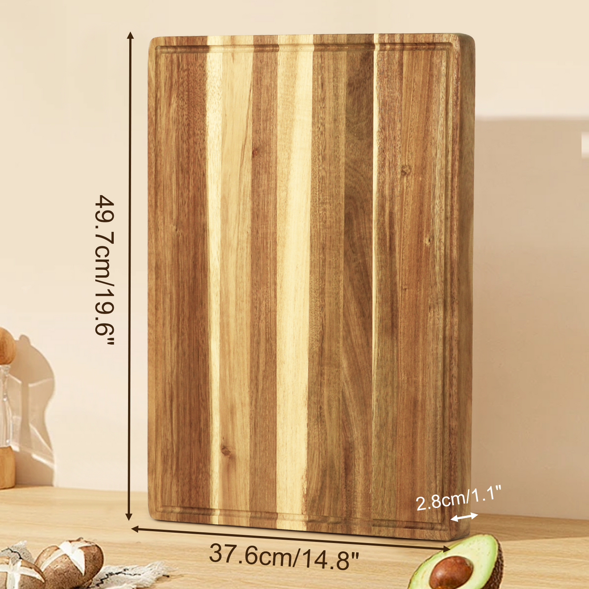 Large Acacia Wood Cutting Board, Non Plastic Non Toxic Cutting Boards For Kitchen, Wood Chopping Boards, Juice Groove, Built-in Handles 19.6x14.8in