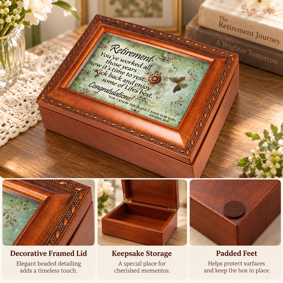 Retirement Keepsake Music Box with 4x6 Photo Insert, Wind-Up Musical Storage Box, 8 x 6 x 2.5 in