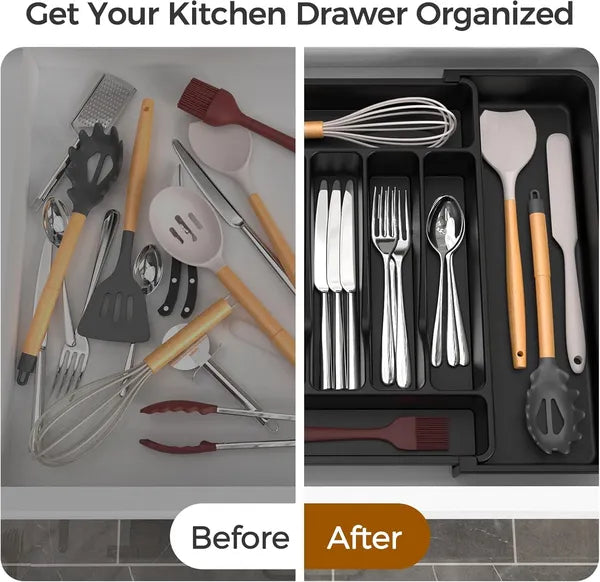 AEELLEEA Expandable Silverware Organizer Tray, Black Adjustable Kitchen Drawer Utensil Holder for Flatware