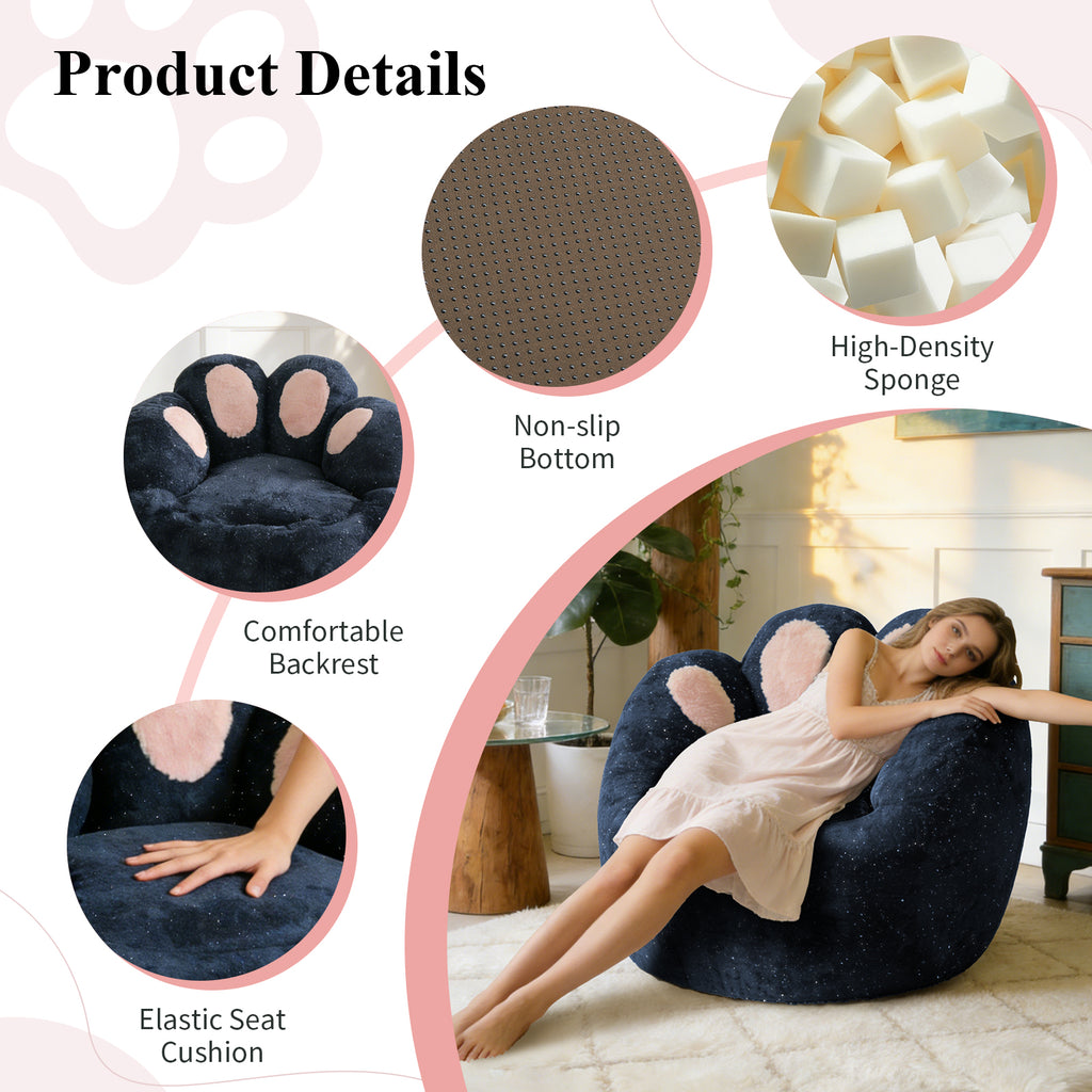AEELLEEA Cat Paw Bean Bag Chair for Adults, Plush Foam Lounge Chair with Backrest, Non-Slip Floor Sofa for Bedroom, Navy Blue