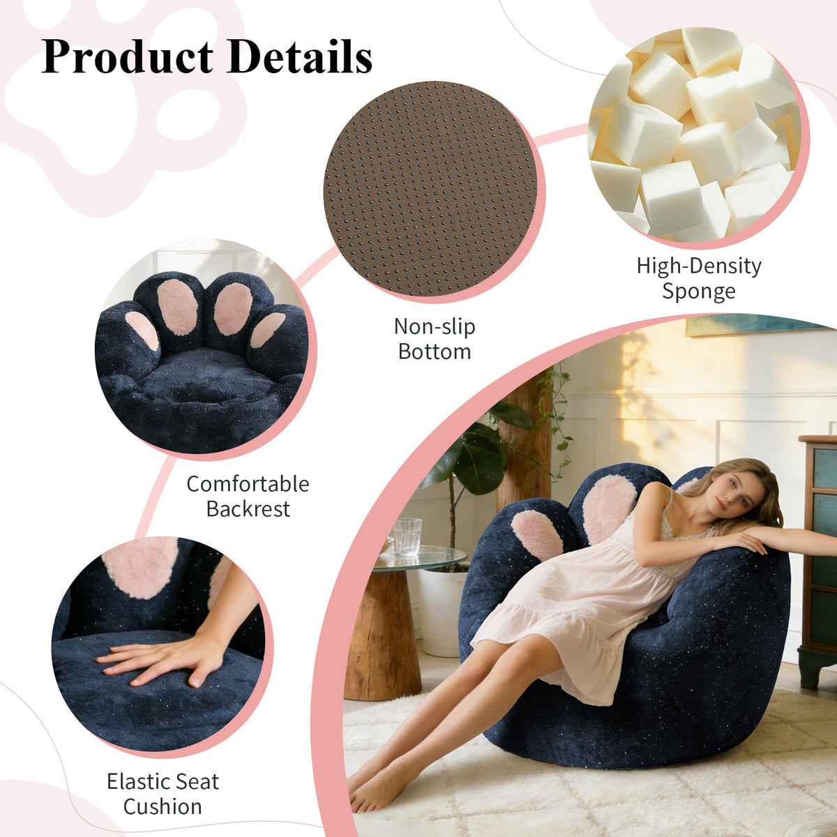 AEELLEEA Cat Paw Bean Bag Chair for Adults, Plush Foam Lounge Chair with Backrest, Non-Slip Floor Sofa for Bedroom, Navy Blue
