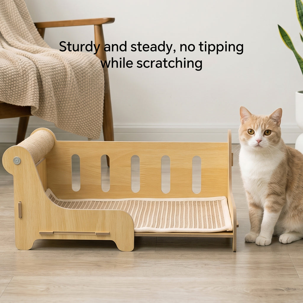 Cat Scratcher Couch Bed with Sisal Scratching Post, Wooden Cat Lounge Furniture for Indoor Cats