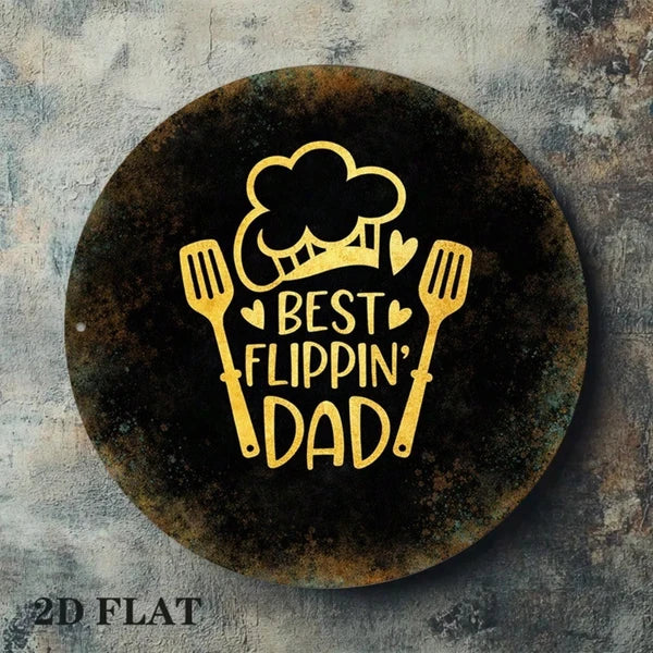 AEELLEEA-8 Inch Round Retro Metal Tin Sign, Best Flippin Dad Kitchen BBQ Wall Plaque, Father's Day Gift for Dad