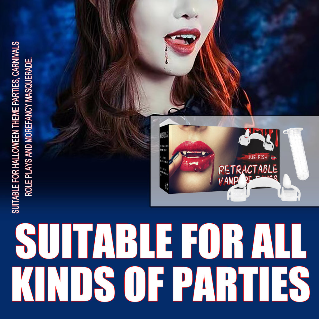 Jue Fish Retractable Vampire Fangs, Reusable Realistic Fake Teeth Cosplay Prop with Dental Glue for Halloween Party
