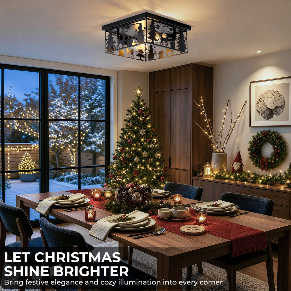 Matte Black Square Flush Mount Ceiling Light, Christmas Snowman Deer Tree Cutout Iron Ceiling Lamp, Vintage E26 Ceiling Light for Bedroom Hallway