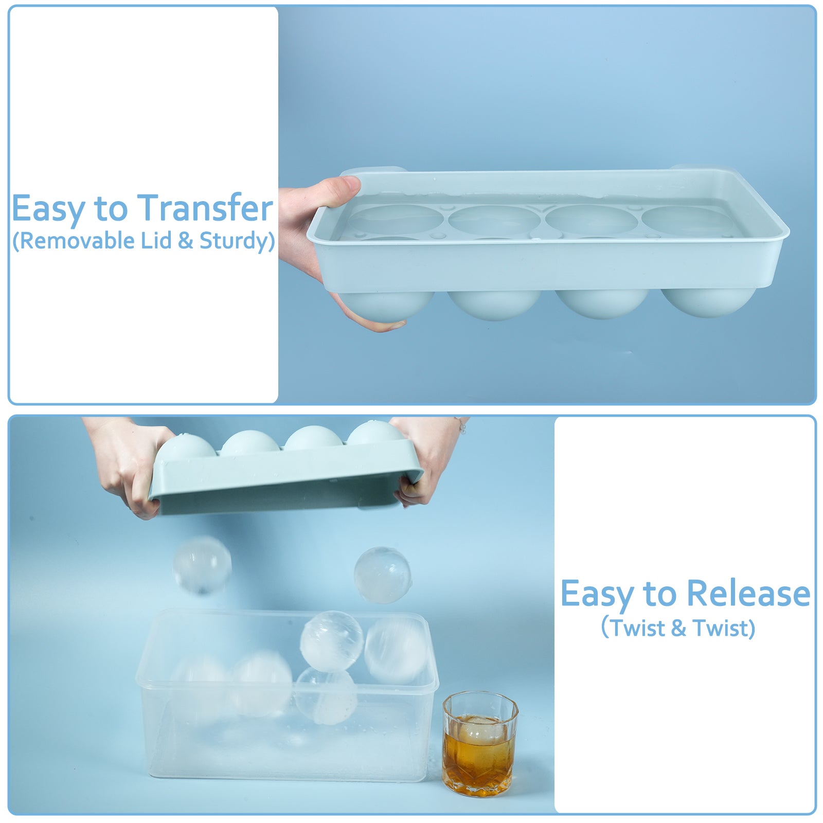 2.5" Large Round Ice Ball Mold with Container & Tongs, 8 Pack Big Sphere Ice Cube Tray for Whiskey Bourbon Cocktail