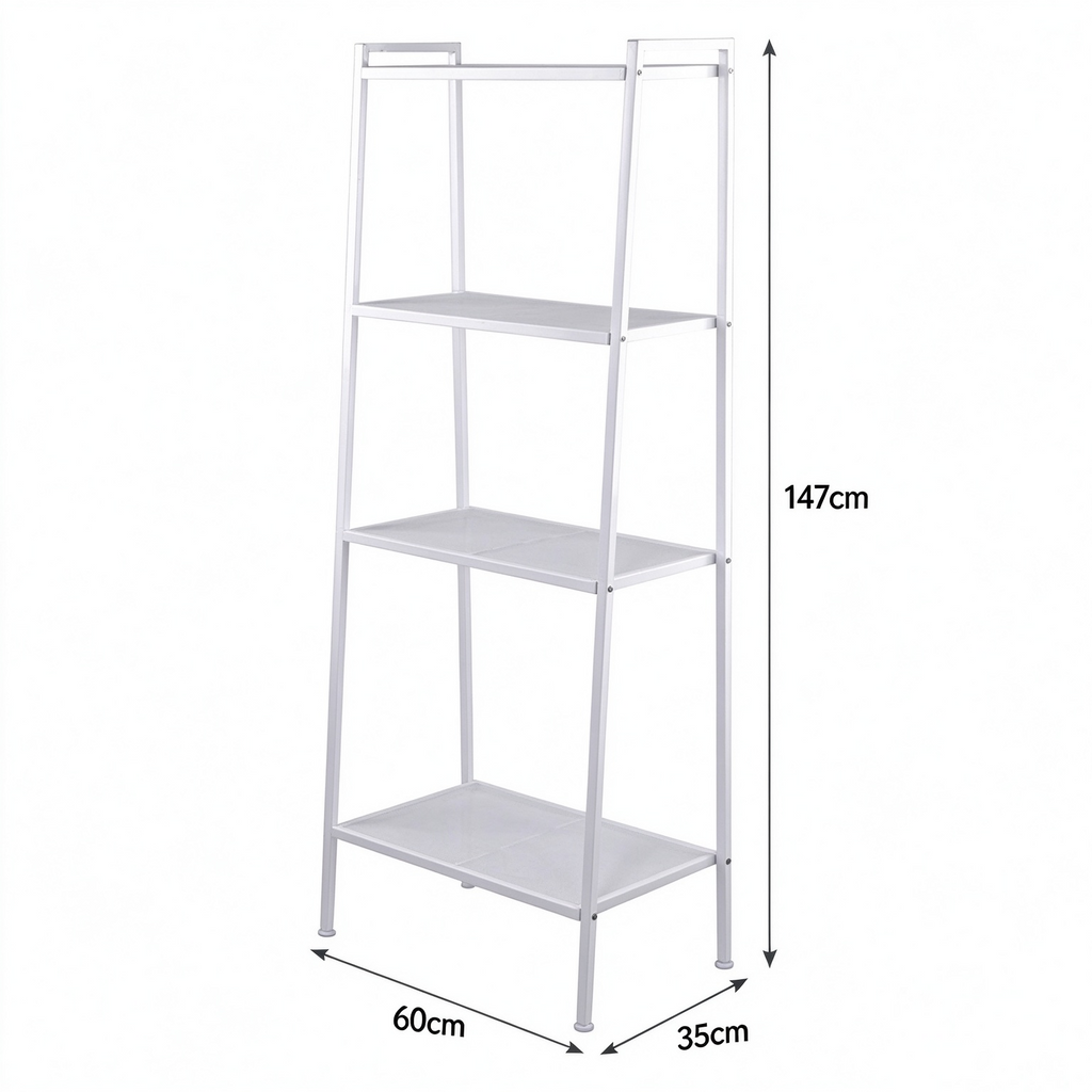 AEELLEEA-Wide Ivory Metal Ladder Shelf No Wheels, 60×35×147cm Freestanding 4-Tier Iron Home Storage Display Rack for Living Room, Bathroom & Bedroom