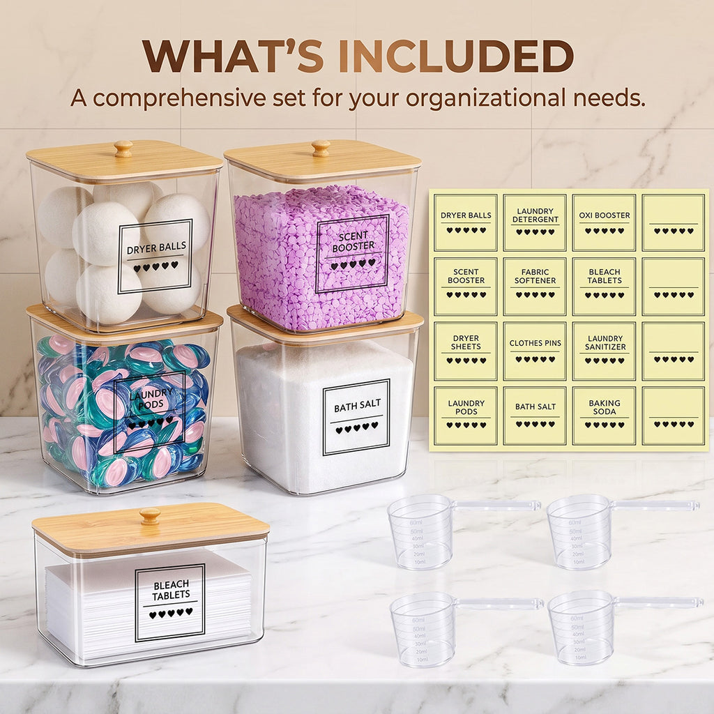 5-Piece Laundry Storage Container Set with Wooden Lids, Clear Acrylic Detergent and Laundry Pod Organizers with Labels