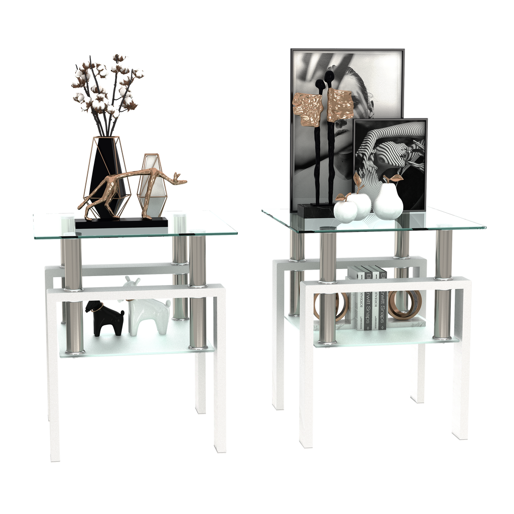 AEELLEEA Set of 2 Clear Tempered Glass End Tables, 17.72 in Square Side Tables with Frosted Shelf, White Metal Frame, 150 lb Capacity