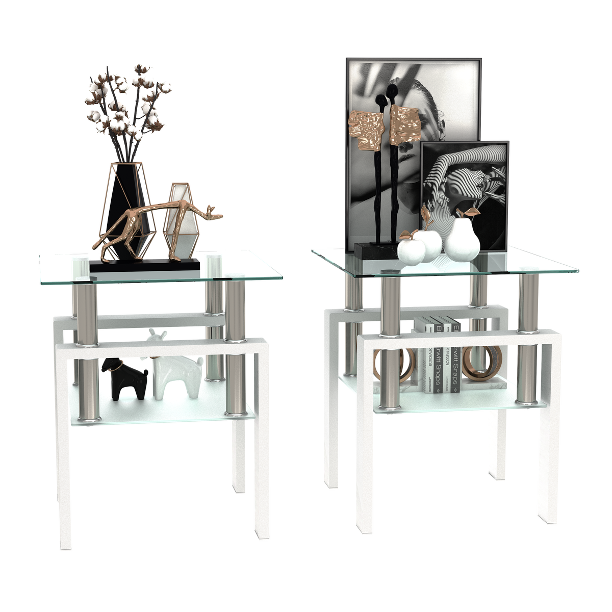 AEELLEEA Set of 2 Clear Tempered Glass End Tables, 17.72 in Square Side Tables with Frosted Shelf, White Metal Frame, 150 lb Capacity