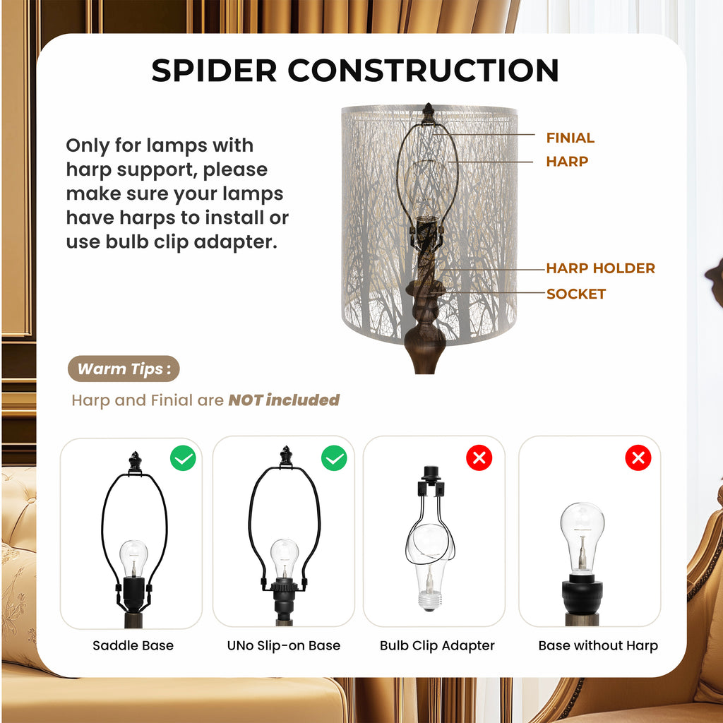 ALUCSET 14"×17" Cylinder Metal Lamp Shade, Black Gold Forest Etched Tree Shadow Lampshade with Spider Fitter for Table & Floor Lamps