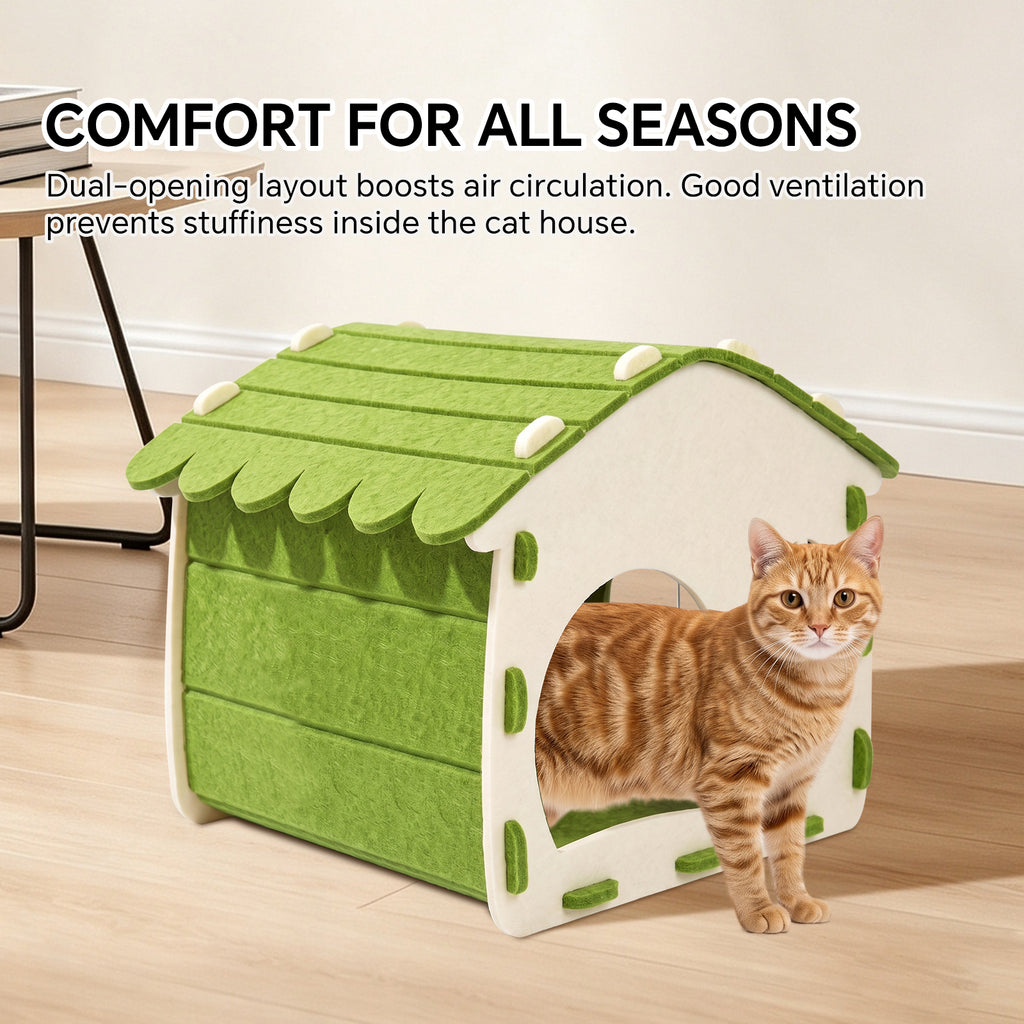 Foldable Felt Cat House Bed with Hideaway Cave, Scratch Resistant Cozy Cat Nest for Indoor Cats Kittens and Small Pets, Portable Easy Storage, Green