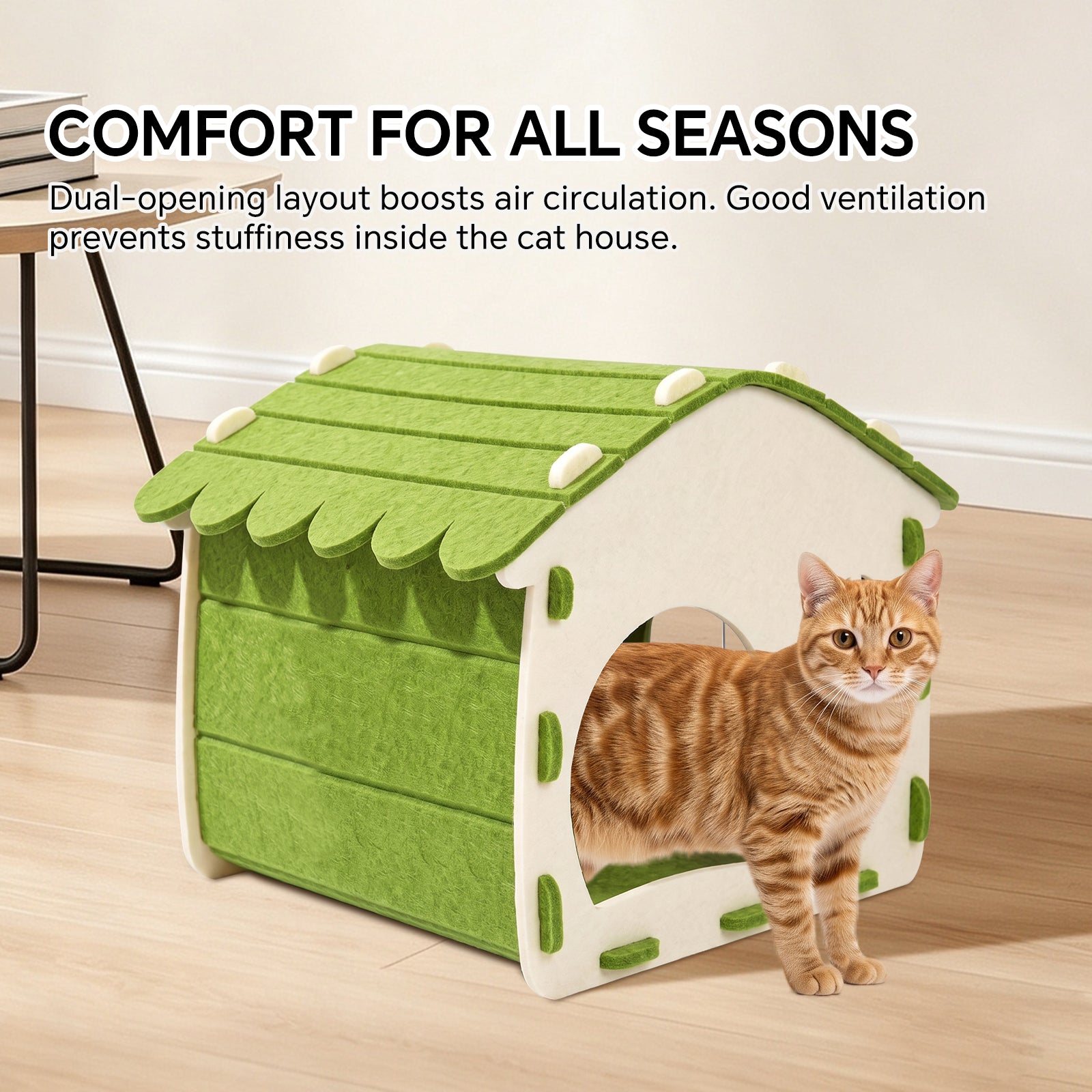 Foldable Felt Cat House Bed with Hideaway Cave, Scratch Resistant Cozy Cat Nest for Indoor Cats Kittens and Small Pets, Portable Easy Storage, Green