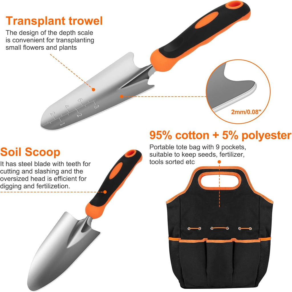 Stainless Steel Heavy Duty Gardening Tool Set with Non-Slip Rubber Grip, Gardening Hand Tools Kit with Storage Tote Bag, Outdoor Garden Tools Set, Ideal Gardening Gift for Women